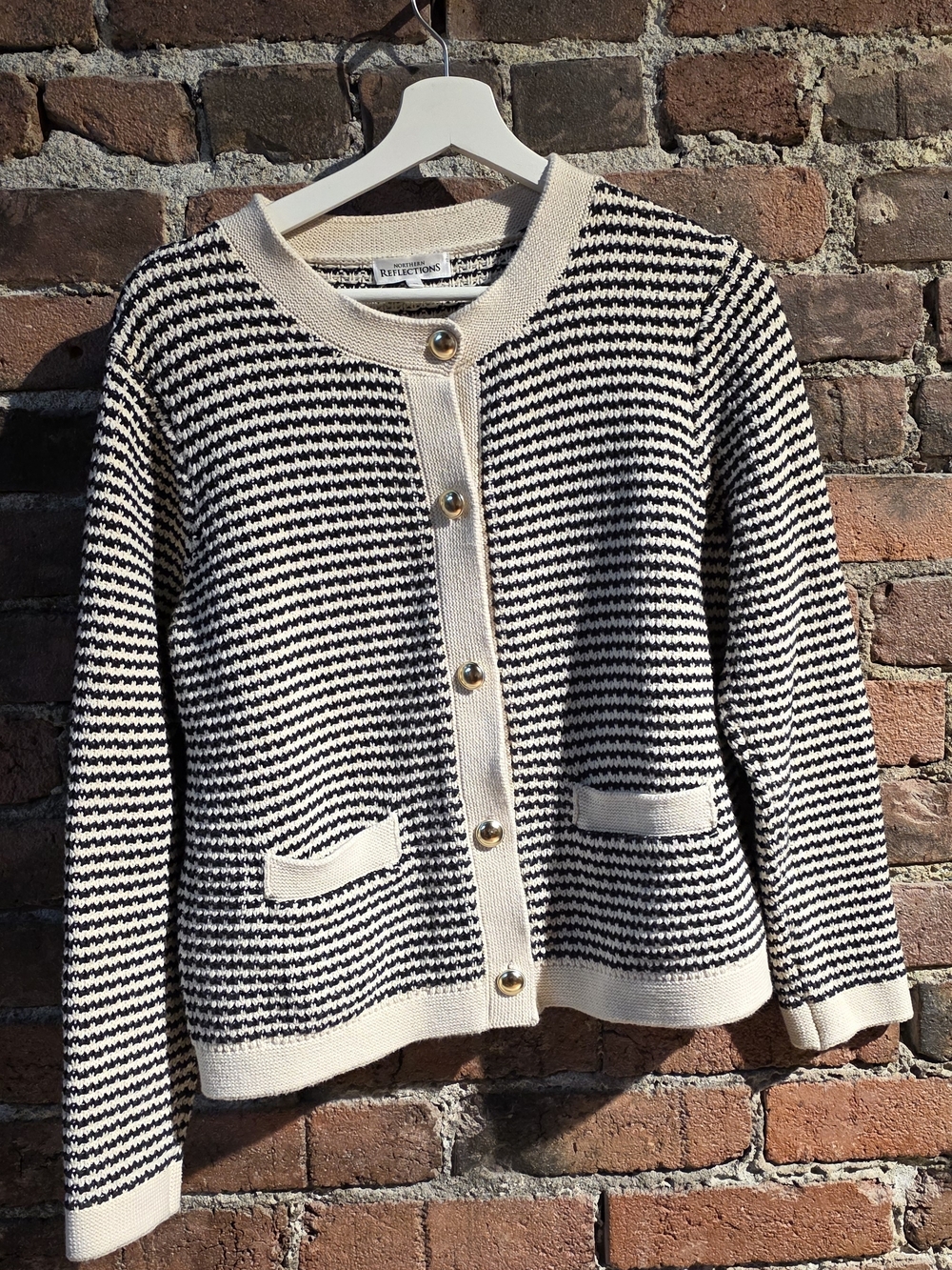 Northern Reflections Cream and Black Striped Cardigan with Gold Buttons